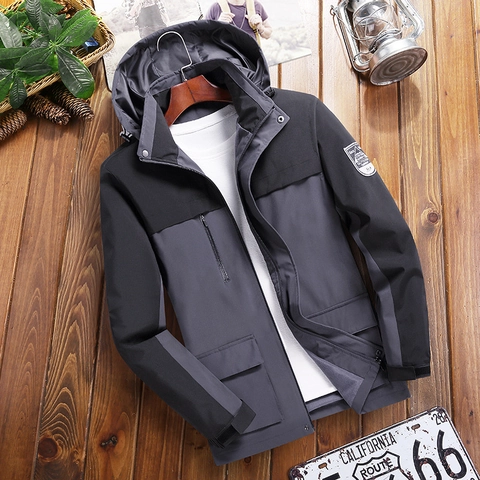 Chaqueta Cortavientos con Capucha para Hombre Bloque de Color Impermeable Resistente al Viento Multi-Bolsillos Abrigo Cargo para Senderismo