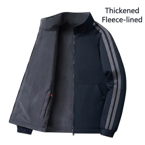 Ανδρικό Μπουφάν με Επένδυση Fleece Αντιανεμικό Όρθιος Γιακάς Outdoor Coat Αθλητικό Φερμουάρ Με Ρίγες Για Χειμώνα