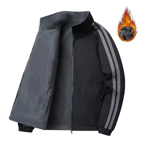 Ανδρικό Μπουφάν με Επένδυση Fleece Αντιανεμικό Όρθιος Γιακάς Outdoor Coat Αθλητικό Φερμουάρ Με Ρίγες Για Χειμώνα