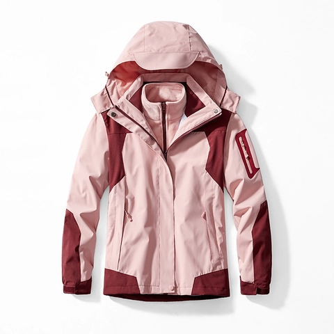 Men Women 3-in-1 Outdoor Jacket Waterproof Windproof Hooded Parka With Detachable Fleece Liner Winter Warm Color Block Sportswear Top