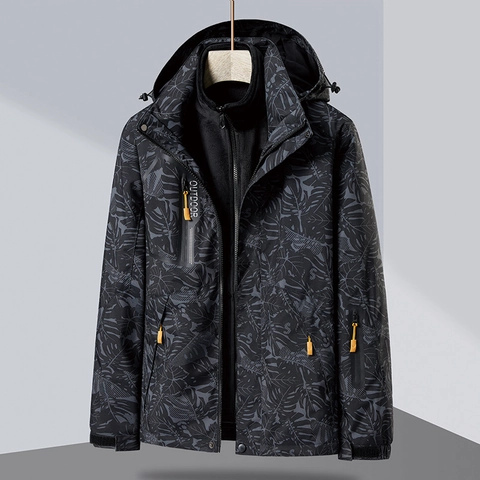 Veste D'extérieur 3-En-1 Hommes Femmes Imperméable Coupe-Vent Manteau À Capuche Avec Doublure Polaire Amovible Imprimé Feuilles