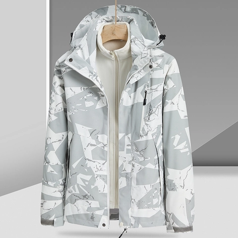Veste à Capuche Imperméable Unisexe 3-En-1 Sport de Plein Air Coupe-Vent Camouflage Avec Doublure Polaire Amovible Manteau Chaud