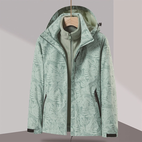 Women Men Outdoor Three-In-One Stormsuit Jacket Detachable Fleece Lining Windproof Waterproof Hooded Leaf Print Hiking Coat