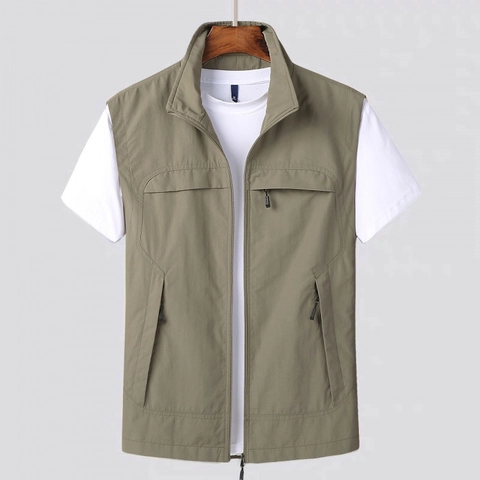 Chaleco Casual de Exterior para Hombre Cuello Alto Multibolsillo Secado Rápido Transpirable Ligero Chaleco de Trabajo para Pesca