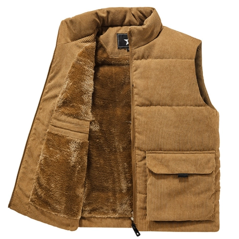 Men's Vintage Corduroy Padded Vest Stand Collar Fleece Lined Warm Sleeveless Jacket With Pockets Winter Workwear Waistcoat