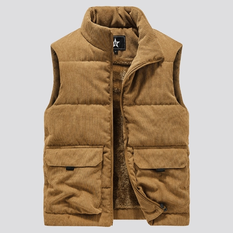 Men's Vintage Corduroy Padded Vest Stand Collar Fleece Lined Warm Sleeveless Jacket With Pockets Winter Workwear Waistcoat