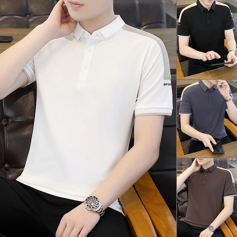 Men's Ice Feeling Pique Polo Shirt Contrast Color Patchwork Short Sleeve Business Casual Minimalist Top For Men Summer