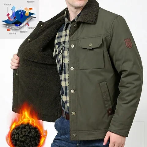 Men Workwear Jacket Sherpa Fleece Lined Warm Winter Coat Lapel Multi-pocket Outerwear Solid Color Button Up Jacket