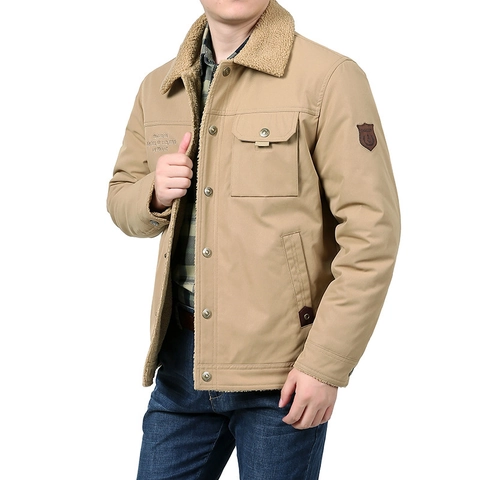Men Retro Sherpa Fleece Lined Workwear Jacket Thickened Winter Warm Lapel Coat With Multi Pockets Large Size Outerwear