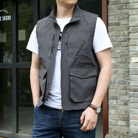 Gilet Utilitario da Uomo Casual per Esterno Con Multitasche Collo in Piedi Cerniera Leggero per Pesca Fotografia Gilet Cargo da Uomo