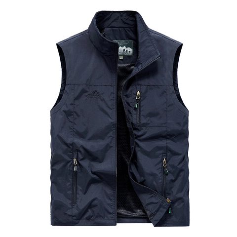 Gilet Cargo de Plein Air pour Hommes Multi-poches Séchage Rapide Gilet de Pêche Col Montant Doublure en Mesh Veste Casual