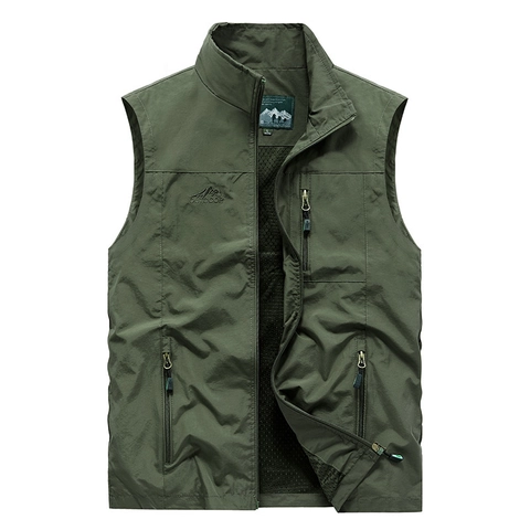 Gilet Cargo de Plein Air pour Hommes Multi-poches Séchage Rapide Gilet de Pêche Col Montant Doublure en Mesh Veste Casual