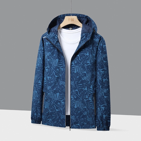 Chaqueta Cortavientos con Capucha Outdoor Hombre Mujer Estampado Hojas Tropicales Impermeable Cortaviento Transpirable Ligera