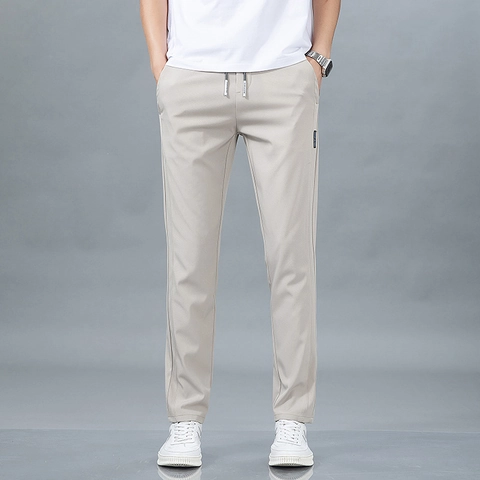 Herren Casual Eisseide Hose Mit Geradem Bein Elastischer Kordelzug Sommer Dünne Atmungsaktive Bügelfreie Freizeithose