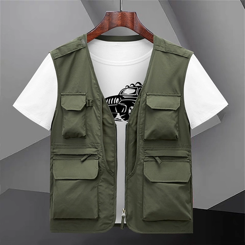 Gilet da Lavoro Multitasche da Uomo Pesca Traspirante Mesh Outdoor Fotografia Scollo a V Cerniera Senza Maniche Gilet Casual