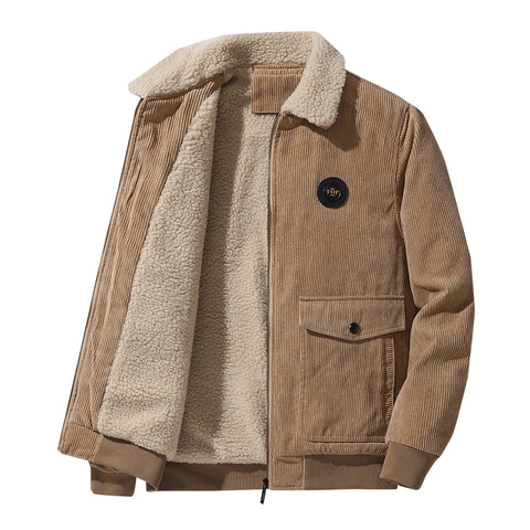 Giacca in Velluto a Coste Ispessita Invernale da Uomo Con Fodera in Velluto di Agnello Sintetico Revers in Pile Calda Soprabito Imbottito con Cerniera Cappotto Workwear Retro