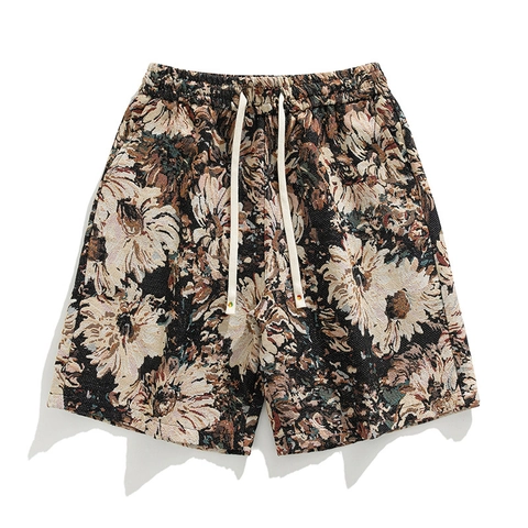 Herren Vintage Blumen Jacquard Freizeit Shorts Sommer Strand Elastische Kordelzug Taille Gerade Streetwear Fashion Hosen