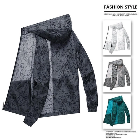 Chaqueta de Protección Solar para Hombre de Seda de Hielo Fina Transpirable con Capucha Chaqueta de Pesca al Aire Libre Estampado de Hoja de Arce con Cremallera Abrigo Ligero