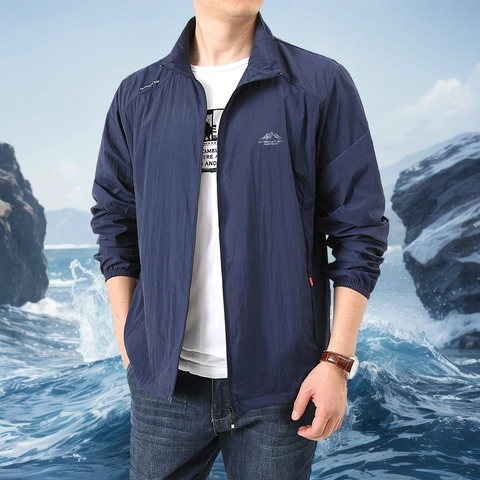 Veste en Nylon de Protection Solaire Extérieure pour Hommes Légère Séchage Rapide Respirante Col Montant Protection UV Vêtements de Sport Décontractés