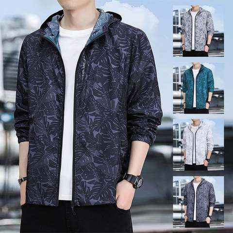 Men's Outdoor Sun Protection Jacket Lightweight Nylon Breathable Quick Dry Hooded Jacket With Tropical Leaf Print UV Protection UPF 40 Coat