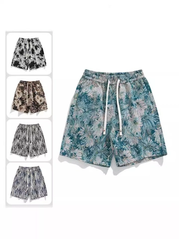 Herren Vintage Blumen Jacquard Shorts Casual Locker Sitzende Strandhose Kordelzug Elastische Taille Gerade Bein Kurze Hose
