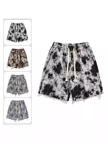 Herren Vintage Blumen Jacquard Shorts Casual Locker Sitzende Strandhose Kordelzug Elastische Taille Gerade Bein Kurze Hose