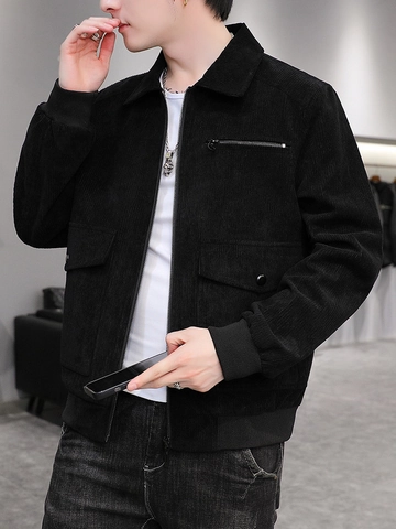Men Casual Corduroy Jacket Solid Color Loose Fit Lapel Zipper Workwear Coat For Spring Autumn Outdoor Fashion Male Clothing