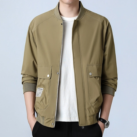 Men's Casual Workwear Jacket Stand Collar Ribbed Trim Polyester Solid Color Bomber Coat With Large Flap Pockets Fashion Outerwear