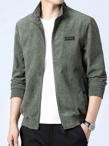 Men Casual Corduroy Jacket Stand Collar Zipper Solid Color Polyester Ribbed Cuffs Windproof Autumn Fashion Outerwear Coat