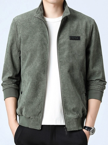 Men Casual Corduroy Jacket Stand Collar Zipper Solid Color Polyester Ribbed Cuffs Windproof Autumn Fashion Outerwear Coat