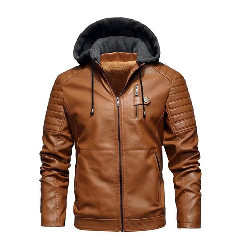 Veste de Motard en Similicuir à Capuche pour Homme Doublée de Polaire Chaude Veste en PU Coupe-vent Manteau de Moto Coupe Ajustée pour Hiver
