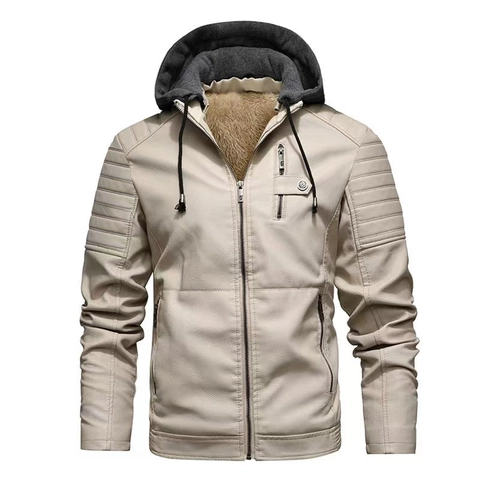 Veste de Motard en Similicuir à Capuche pour Homme Doublée de Polaire Chaude Veste en PU Coupe-vent Manteau de Moto Coupe Ajustée pour Hiver