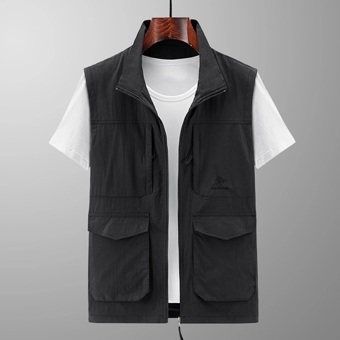 Men Outdoor Multi-Pocket Utility Vest Nylon Polyester Fishing Photography Quick Dry Waistcoat Loose Stand Collar Zipper Casual Top