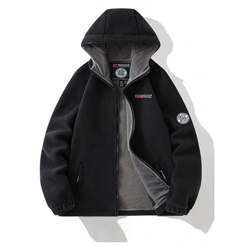 Chaqueta de Forro Polar con Capucha para Hombre Pesada Cálida Cortavientos Abrigo con Cremallera Completa y Parche Bordado Casual Invierno