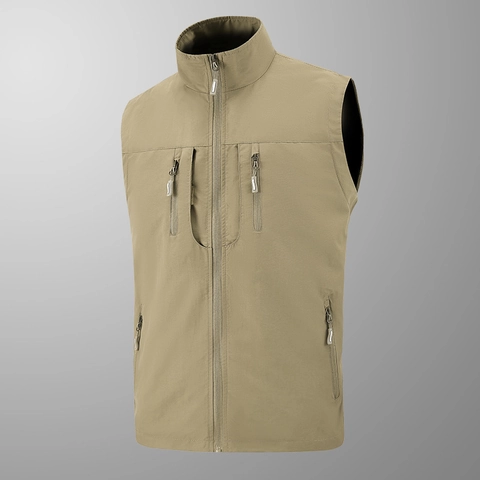 Gilet da Pesca All'aperto da Uomo Multitasche Colletto in Piedi Senza Maniche Giacca Casual da Lavoro Con Fodera in Rete Traspirante