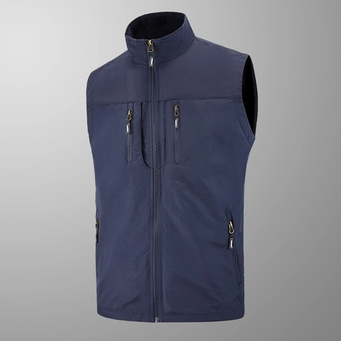 Gilet da Pesca All'aperto da Uomo Multitasche Colletto in Piedi Senza Maniche Giacca Casual da Lavoro Con Fodera in Rete Traspirante