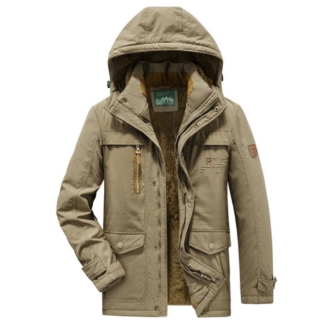 Uomo Inverno Parka con Fodera in Pile Giacca con Cappuccio Caldo Ispessito Antivento Media Lunghezza Multi-tasca Cargo Cappotto Imbottito