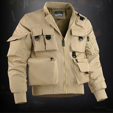 Giubbotto Bomber Tattico da Uomo Antivento Multitasche Outdoor Cargo Giacca da Lavoro Collo in Piedi Casual