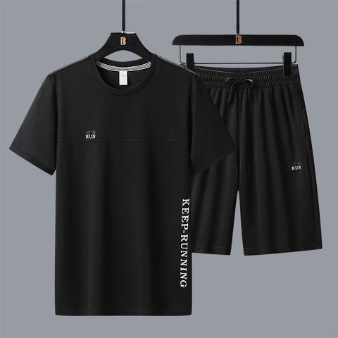 Men's Casual Sports Set Polyester Quick-Drying Letter Print Short Sleeve T-Shirt And Drawstring Shorts Breathable Running Suit