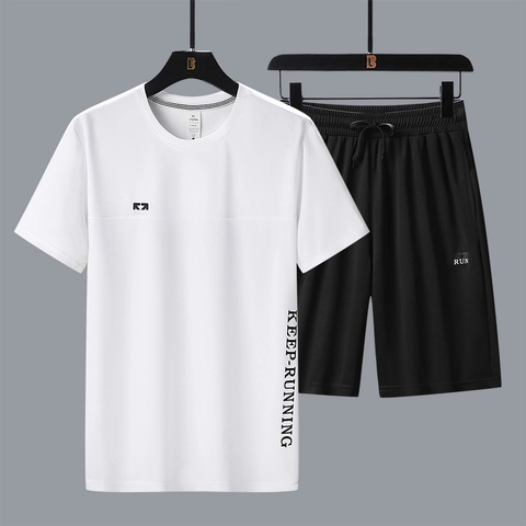 Men's Casual Sports Set Polyester Quick-Drying Letter Print Short Sleeve T-Shirt And Drawstring Shorts Breathable Running Suit