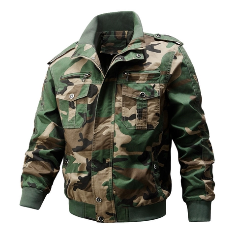Men's Casual Cotton Military Cargo Jacket Stand Collar Multi Pocket Utility Lightweight Camouflage Khaki Black Outerwear Coat