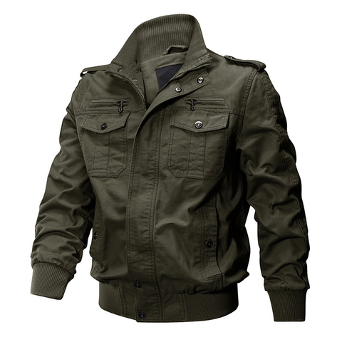 Men's Casual Cotton Military Cargo Jacket Stand Collar Multi Pocket Utility Lightweight Camouflage Khaki Black Outerwear Coat