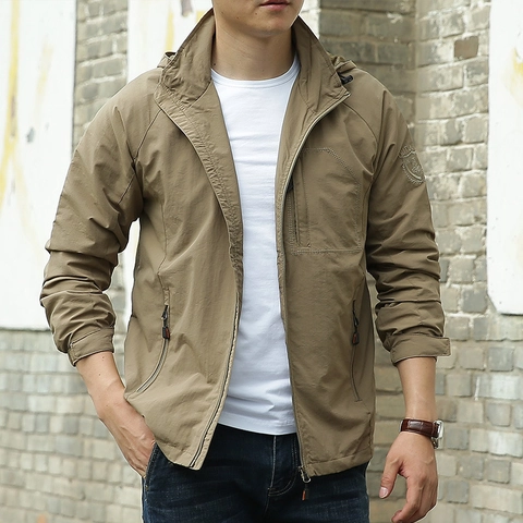 Men's Outdoor Hooded Jacket Windbreaker Waterproof Breathable Lightweight Casual Climbing Coat With Zipper Pockets Regular Fit
