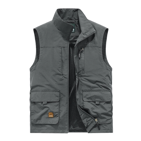 Men's Multi-Pocket Utility Vest Outdoor Fishing Photography Lightweight Mesh Lining Stand Collar Zipper Casual Waistcoat