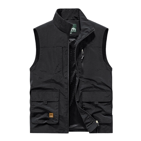 Men's Multi-Pocket Utility Vest Outdoor Fishing Photography Lightweight Mesh Lining Stand Collar Zipper Casual Waistcoat