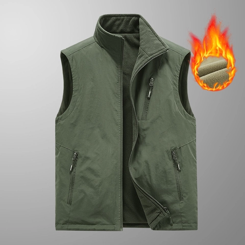 Reversible Men's Fleece Vest Stand Collar Thickened Warm Outdoor Sleeveless Jacket Windproof Multi-Pocket Casual Waistcoat
