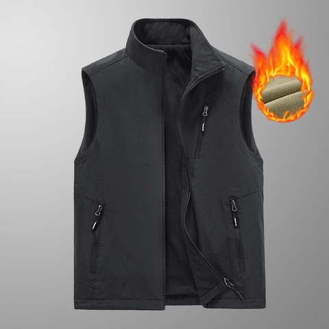 Reversible Men's Fleece Vest Stand Collar Thickened Warm Outdoor Sleeveless Jacket Windproof Multi-Pocket Casual Waistcoat