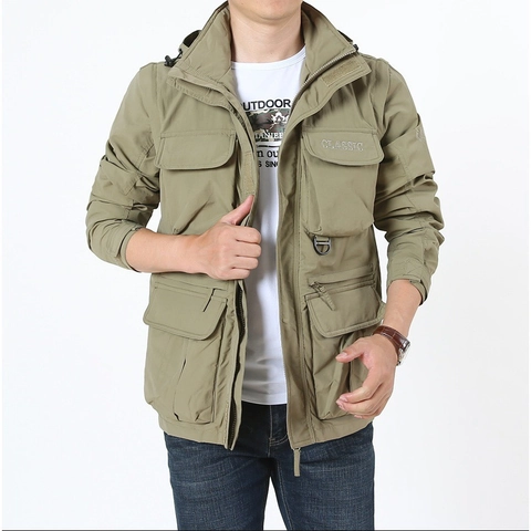 Herren Casual Outdoor Jacke Mit Abnehmbaren Ärmeln Multi-Pocket Kapuze Taktische Windjacke Leichte Workwear Mantel