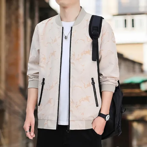 Men's Casual Bomber Jacket Breathable Polyester Marble Print Zip Up Outerwear Spring Autumn Loose Fit Fashion Coat For Men
