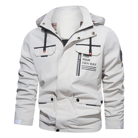 Men's Outdoor Windproof Hooded Jacket Multi-pocket Workwear Casual Coat For Spring Autumn Male Find Your Own Way Print Jacket